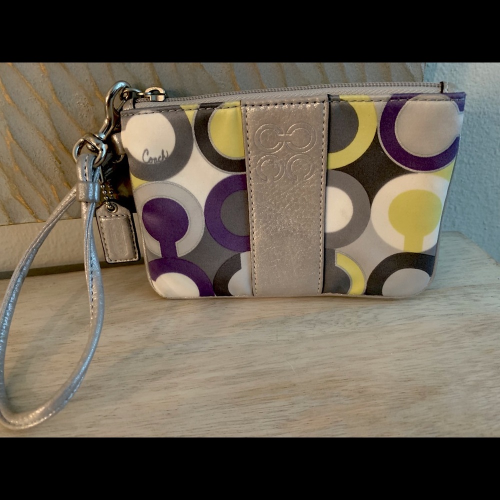Coach purple, lime green and silver wristlet